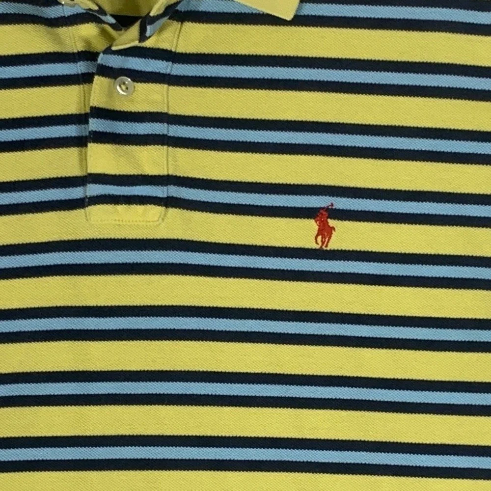 VTG Polo Ralph Lauren Men Yellow Blue Stripe Polo Shirt Large Logo Pony Made USA